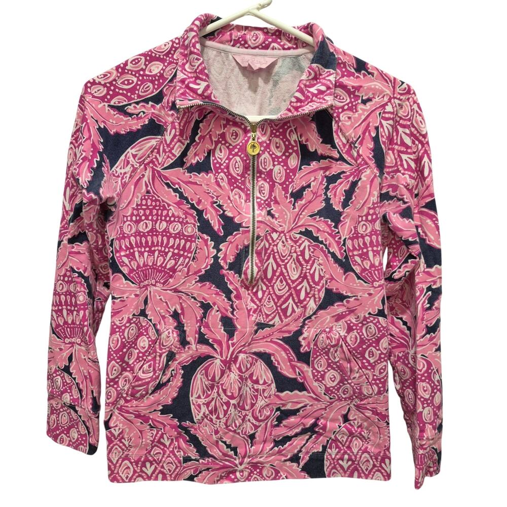 Lilly Pulitzer Pink Black Skipper Popover Track Jacket S Half-Zip 3/4 Sleeves